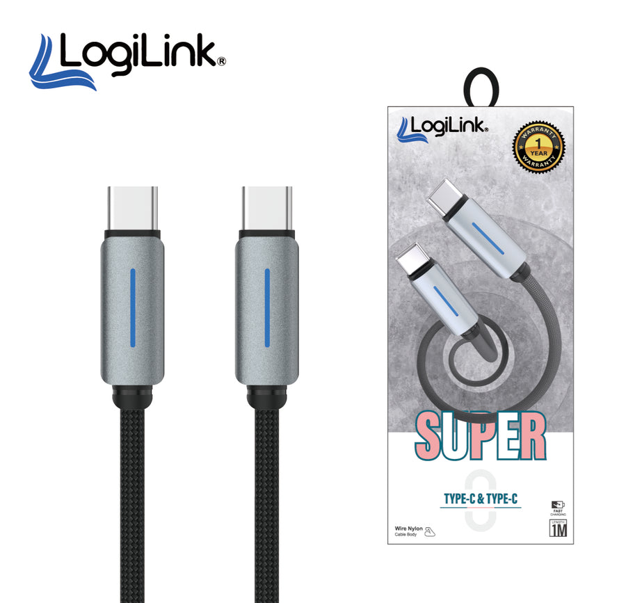 Logilink Type C To Type C Nylon Fast Charging Data Cable With Ligh1m (1 Year Warranty) Black