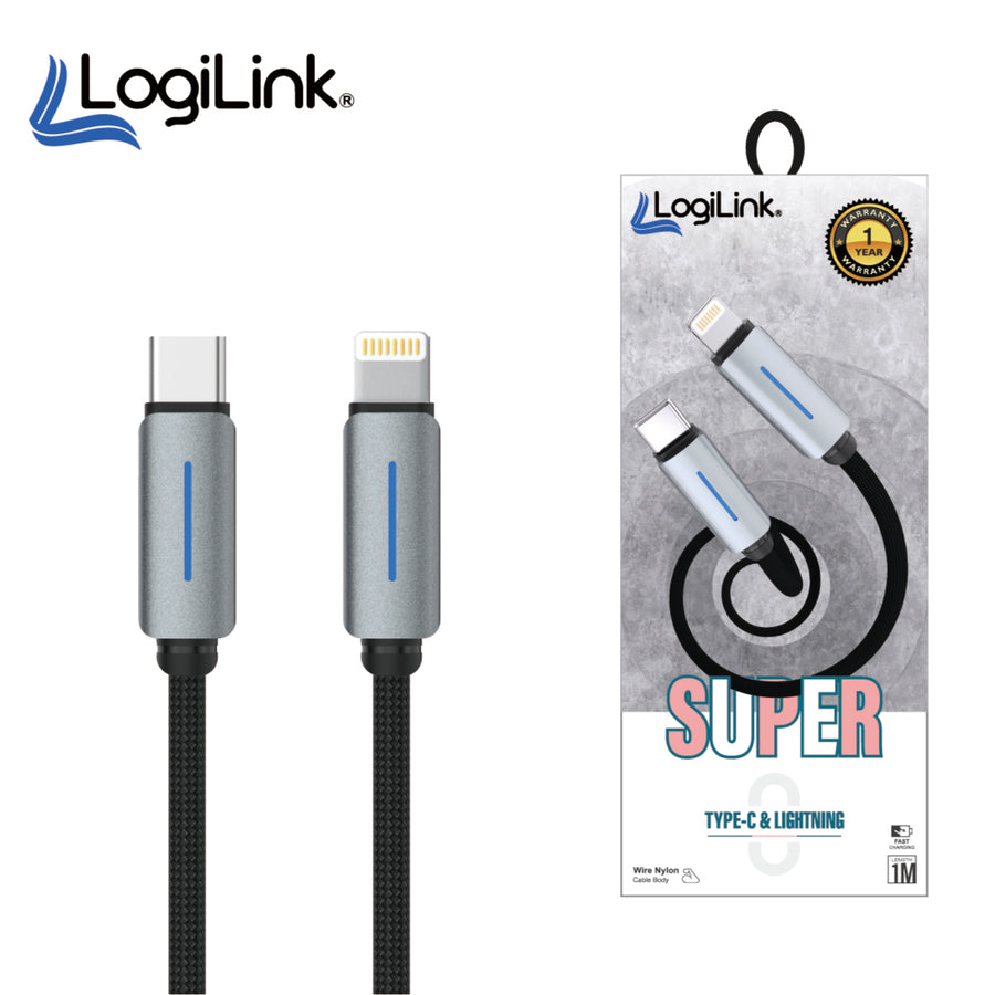 Logilink Type C To Lightning Nylon Fast Charging Data Cable With Light 1m (1 Year Warranty) Black