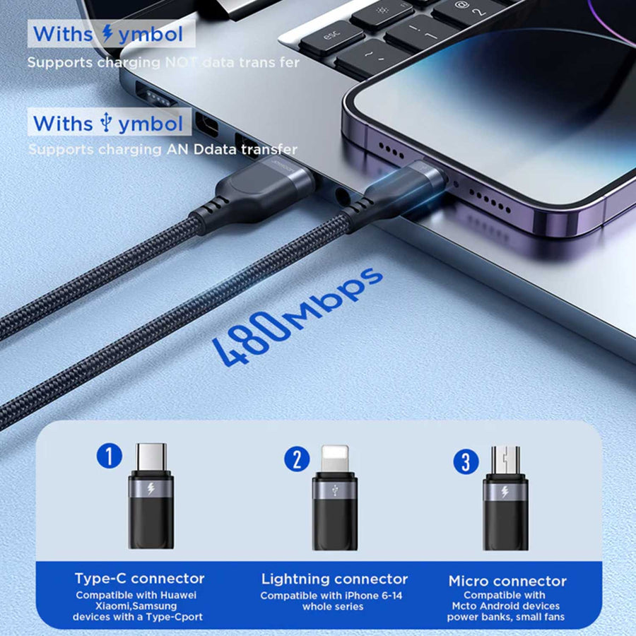 Joyroom S-1t3018a18 Multi-use 3.5a Usb-a To Lightning+type-c+micro 3-in-1 Data Cable1 2m-black