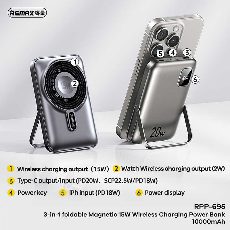 Remax Rpp-695 3 In 1 (15w M/w) 22.5w + Pd 20w Power Bank With Foldable Stand Grey