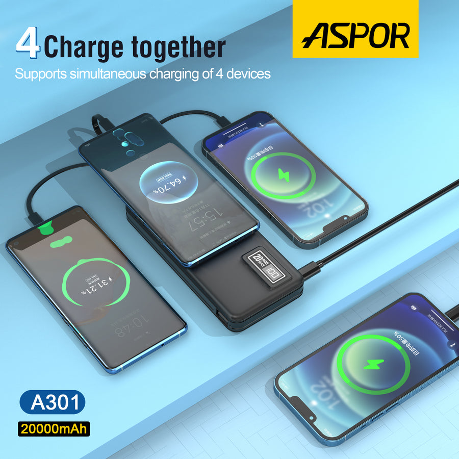 Aspor A301 4 In 1 Power Bank 20000mah With Lcd Digital Display