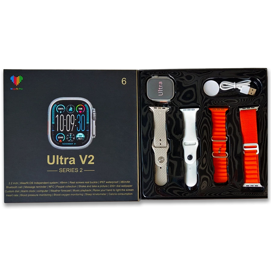 Ultra V2 New Fashion 2.2 Large Screen With 4 Straps Smart Watch With Wearfit Pro App Orange