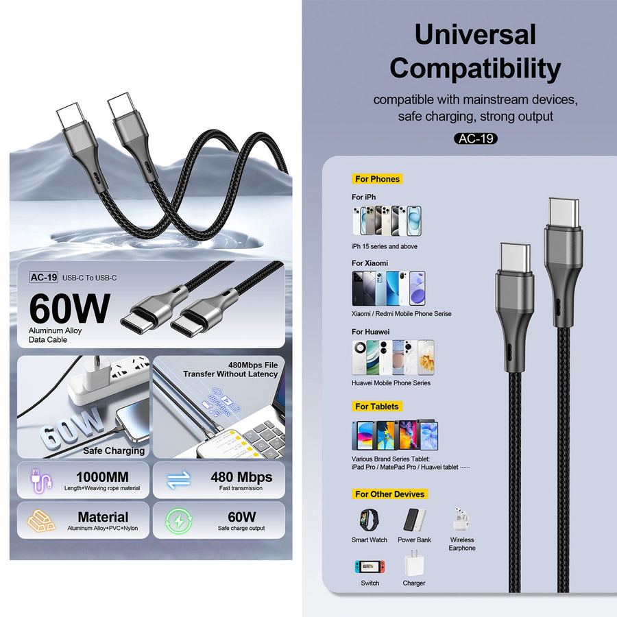 Aspor Ac-19 60w Type-c To Type-c Fast Charging Data Cable 1m