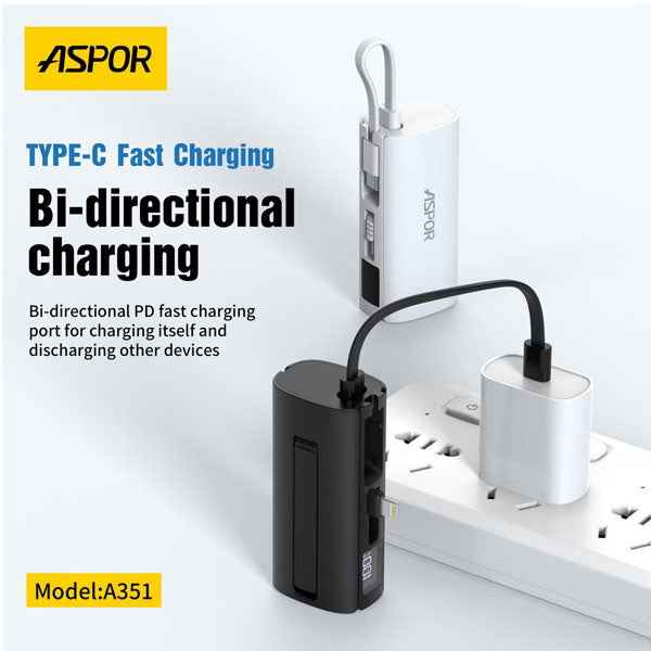 Aspor A351 2in1 Iphone & Type-c Flexible Portable Mini 5000mah Power Bank