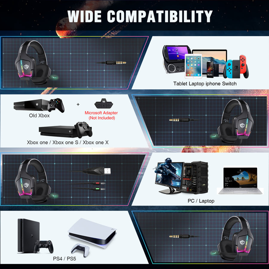Soulbytes S12 Ps4 Ps5 Pc Xbox One Switch With Microphone Dynamic Rgb Led Effect 3.5mm Wired Stereo Bass Over Ear Mic Gaming Headphones