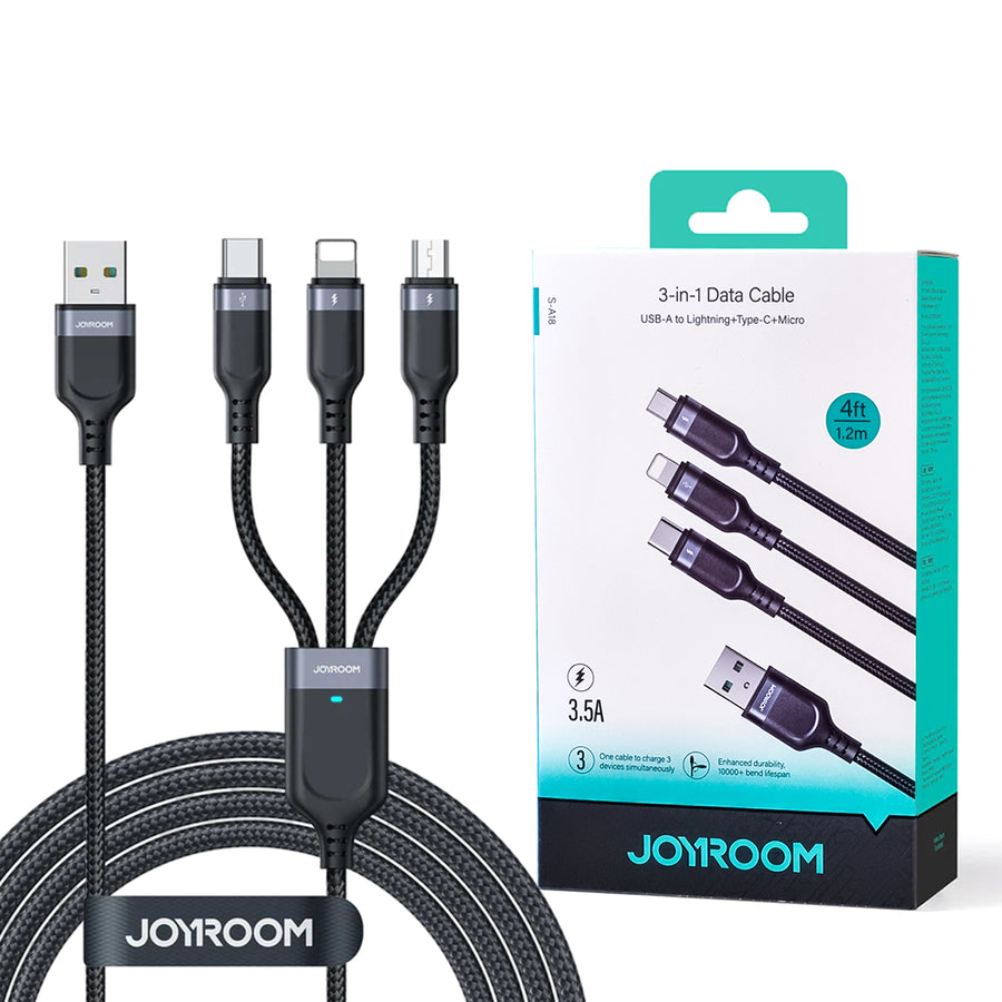 Joyroom S-1t3018a18 Multi-use 3.5a Usb-a To Lightning+type-c+micro 3-in-1 Data Cable1 2m-black