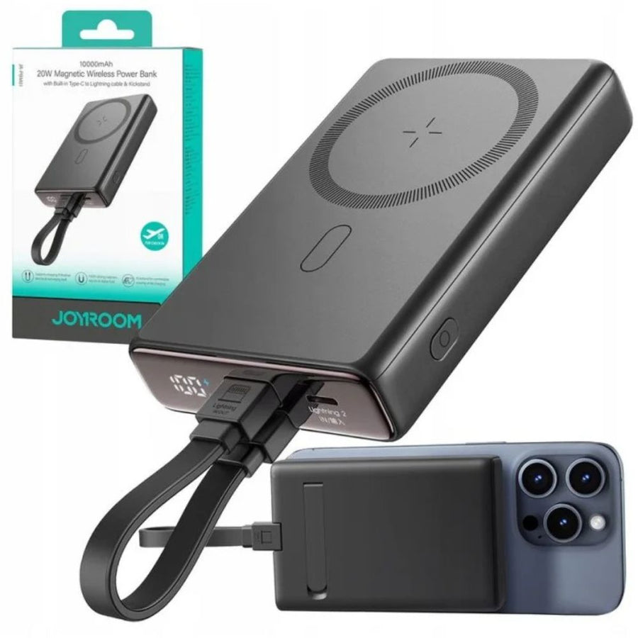 Joyroom Jr-pbm01 20w Wireless Power Bank 10000mah With Built-in Cable&kickstand Black