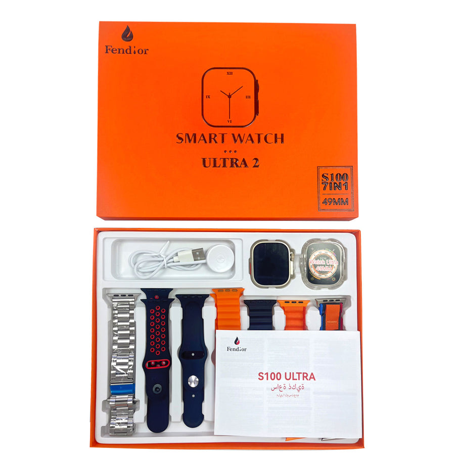 S100 Fendior Smart Watch Ultra 2 With 7 Straps 49mm With Silicon Watch Protector Case With Fitpro App Black