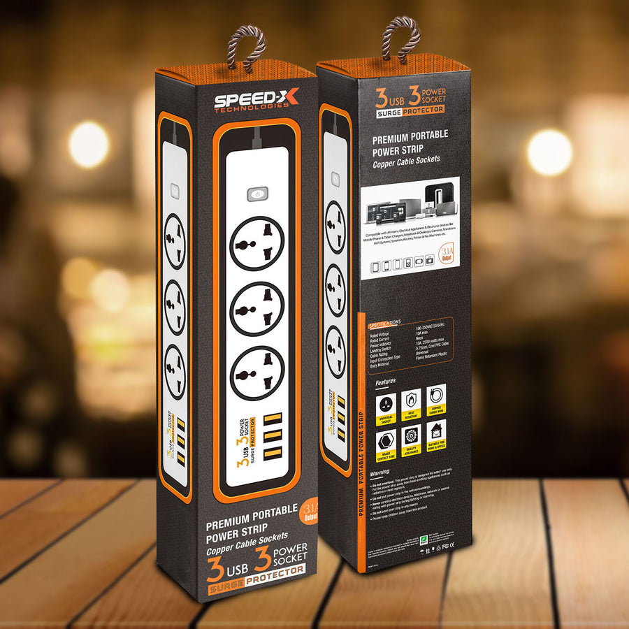 Speed-x 303pu Premium Portable Power Strip 3socket+3usb Port Cabel Length 2m