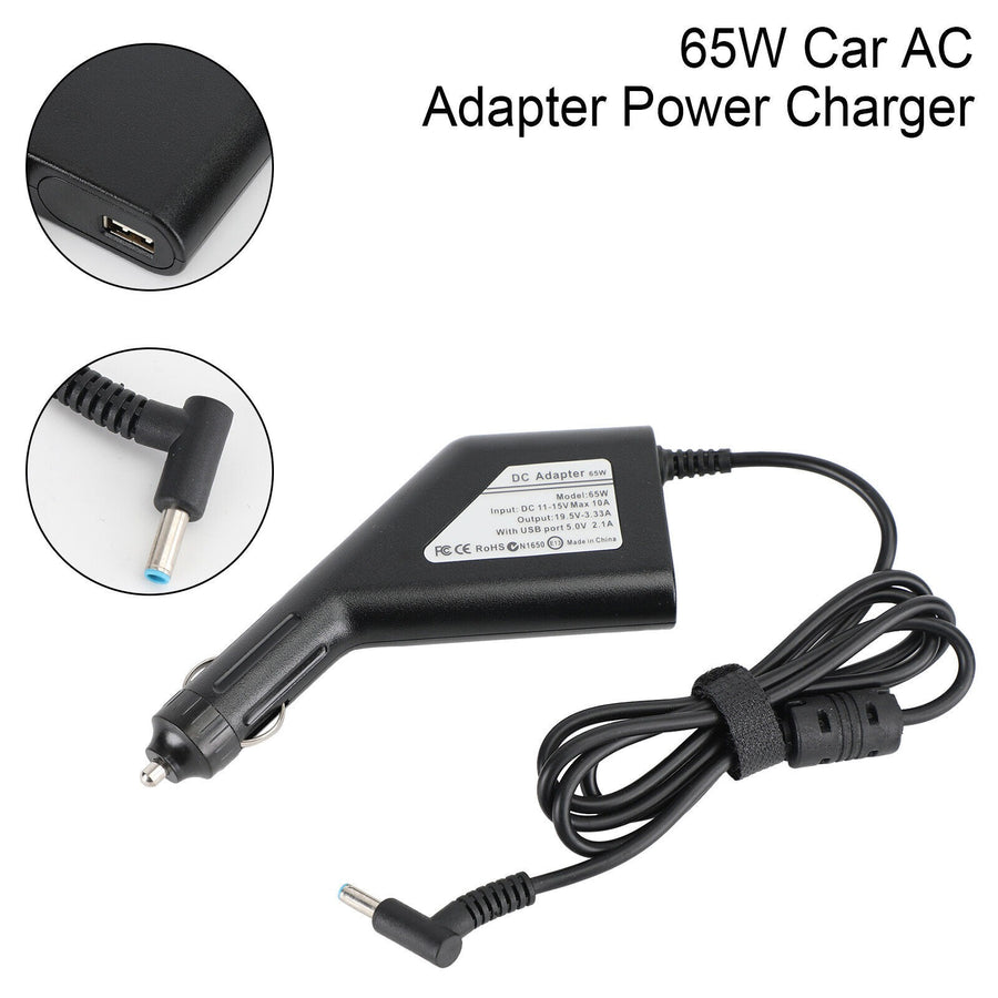 65w Hp Laptop Car Charger 4.5x3.0mm 19.5v 3.33a Blue Pin With Usb Port