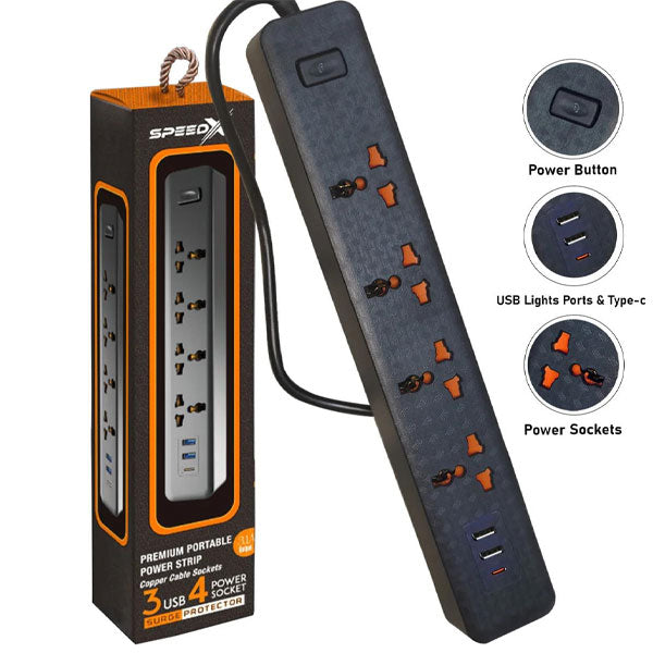 403puc Speed-x Premium Portable Power Strip 4socket+2usb+1type-c Port