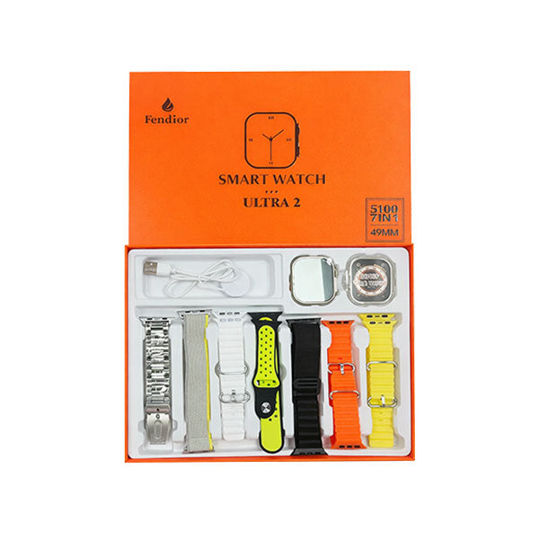 S100 Fendior Smart Watch Ultra 2 With 7 Straps 49mm With Silicon Watch Protector Case With Fitpro App Silver